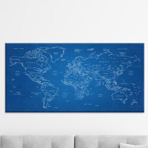 Große Landkarte mit Pinnwand, Reisekarte, Landkarte, Weltkarte, Weltkarte, Wandkunst Blueprint-Style (Grid) Home Office Wohnzimmer Dekor Geschenk