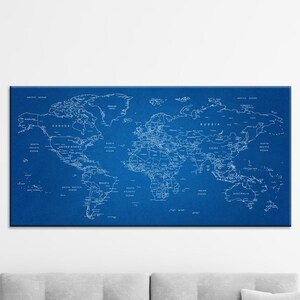Große Landkarte der Welt, Landkarte, Weltkarte, Weltkarte, Wandkunst, Blueprint-Stil, Landkarte, Home Office Wohnzimmer Dekor Geschenk