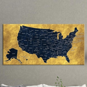 US Map Große Leinwand Wand Kunst, Pinnwand Kunst, dunkelblaue und gelbe US Karte mit Hauptstädten und großen Städten, Haus und Büro Dekor, Geschenk