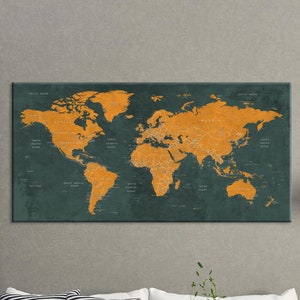Weltkarte Leinwand Kunst, Push Pin Reise Karte, grüne und orange Weltkarte, große Leinwand Karte, Zuhause, Büro, Wohnzimmer Dekor, Geschenk