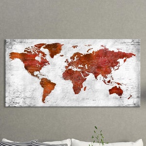 Weltkarte Leinwand Kunst, Push Pin Reisekarte, Weltkarte, große Leinwand Karte in Rot und Orange Töne, Zuhause, Büro, Wohnzimmer Dekor, Geschenk