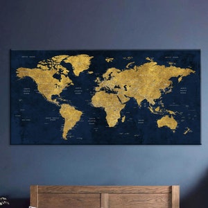 Weltkarte Leinwand Kunst, Gelbe und marineblaue Weltkarte, Pinnwand Reisekarte, große Leinwand, Kunst, Haus, Büro, Wohnzimmer Dekor, Geschenk