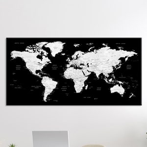 Carte du monde Canvas Art, Grande carte en toile, Carte du monde en noir et blanc, Carte de voyage Push Pin, Maison, Bureau, Décor de salon, Cadeau