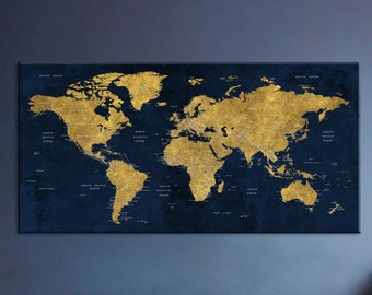 World Map Canvas Art, Yellow and Navy Blue World Map, Push Pin Travel Map,  Large Canvas Map, Home, Office, Living Room Decor, Gift