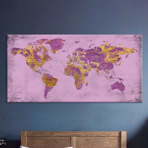 Große Leinwand Karte, Weltkarte Leinwand Kunst, Push Pin Reisekarte, Rosa und Gold Weltkarte, Zuhause, Büro, Wohnzimmer Dekor, Geschenk