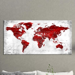 Mappa su tela grande, arte su tela mappa del mondo, mappa da viaggio con puntina da disegno, mappa del mondo rossa, arte murale mappa del mondo, casa, ufficio, arredamento soggiorno, regalo