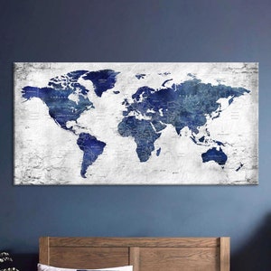 Arte su tela con mappa del mondo, mappa di viaggio con puntina da disegno, mappa del mondo, grande mappa su tela in blu navy, casa, ufficio, arredamento soggiorno, regalo