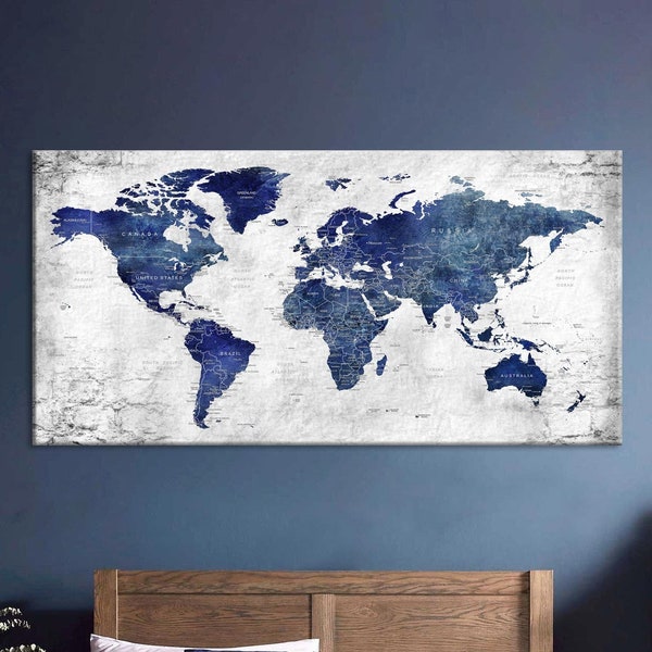 World Map Canvas Art, Push Pin Travel Map, World Map, Large Canvas Map in Navy Blue, Home, Office, Living Room Decor, Gift