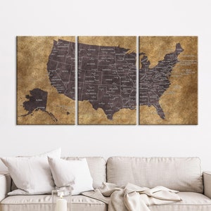 US Map Large Canvas Wall Art, Earth and Raisin Color Push Pin Travel Map, US Map With Capitals and Big Cities, Home and Office Decor, Gift