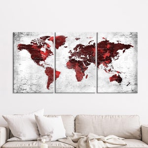 Weltkarte Wandkunst, Pinnwandbild, Weltkarte Wandkunst in Rottönen, große Leinwand Kunst, Haus, Büro, Wohnzimmer, Geschenk