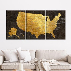 Große US Karte auf Leinwand, Schwarz und Gold Push Pin Reisekarte, US Karte mit Hauptstädten und großen Städten, Wand Kunst Dekor, Haus und Büro Dekor, Geschenk