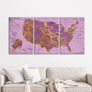 US Map Large Canvas Wall Art, Pink and Gold Push Pin Travel Map, US Map With Capitals and Big Cities, Home and Office Decor, Gift