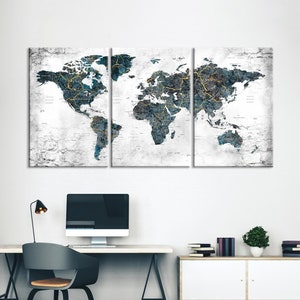 Weltkarte Leinwand Kunst, Push Pin Reisekarte, Weltkarte, große Leinwand mit Rock Textur und Gold Detail, Zuhause, Büro, Wohnzimmer Dekor, Geschenk