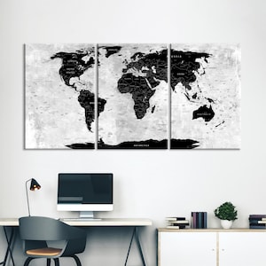 Schwarze und weiße Leinwand Weltkarte Leinwand Wandkunst Weltkarte Push Pin Reisekarte Große Leinwand Karte Mehrteilige Karte Haus und Büro Dekor