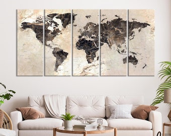 Marble Textured Large World Map on Canvas With Brown Background