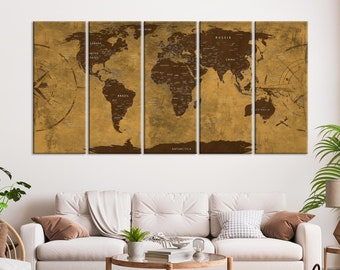 Large Canvas World Map Canvas Wall Art World Map Brown and Earth Tones Push Pin Travel Map Large Canvas Map Multi-Piece Map Home Decor