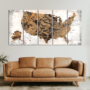 Grande carte des États-Unis sur toile avec texture rocheuse, carte des États-Unis avec capitales et grandes villes, oeuvre d'art murale sur toile, décoration de maison et de bureau, cadeau