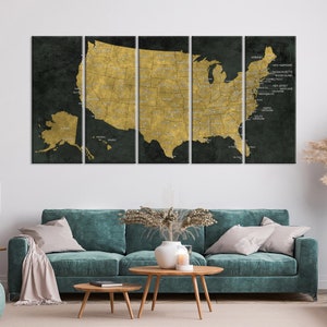 US Map Große Leinwand Wand Kunst, Landkarte der USA mit Hauptstädten und großen Städten in Dunkelgrün und Gelb, Haus und Büro Dekor, Geschenk