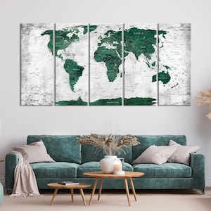 Grande carte du monde en plusieurs parties dans des tons verts sur toile