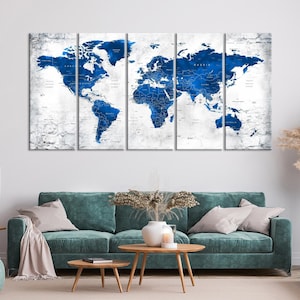 Grande mappa su tela, mappa del mondo su tela, mappa da viaggio con puntine, mappa del mondo blu navy, mappa del mondo da parete, casa, ufficio, arredamento soggiorno, regalo