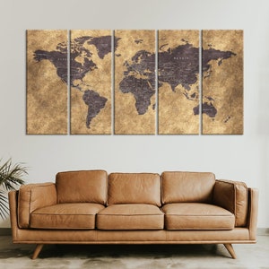 Große Leinwand Karte, Push Pin Weltkarte auf Erdtönen, Weltkarte Leinwand Kunst, Push Pin Reisekarte, Zuhause, Büro, Wohnzimmer Dekor, Geschenk