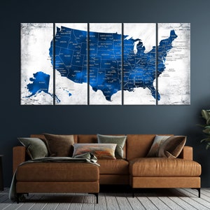 Große US Karte auf Leinwand in Marineblau US Karte mit Hauptstädten und großen Städten Leinwand Wand Kunst Haus und Büro Dekor Geschenk
