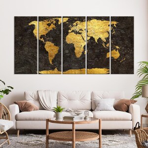 Grande carte du monde en toile noire et dorée, art mural, carte du monde, carte de voyage avec punaises, grande carte en toile, carte multi-pièces, décoration d'intérieur