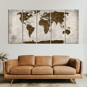 Grande toile couleur terre, carte du monde sur toile, art mural, carte du monde, carte de voyage avec punaises, grande carte en toile, carte multi-pièces, décoration d'intérieur