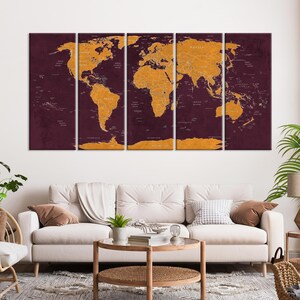 Große Weltkarte Leinwand Wand Kunst Maroon und Pfirsich Weltkarte Push Pin Reise Karte Große Leinwand Karte Landkarte Büro Wand Dekor Geschenk