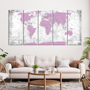Große mehrteilige Weltkarte in Pink auf Leinwand