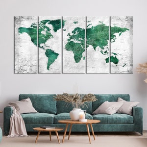 Weltkarte Wandbild, Drucknadel, Weltkarte, große Landkarte in Grüntönen, Kunst, Haus, Büro, Wohnzimmer, Geschenk