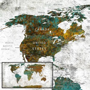Grande carte du monde sur toile dans les tons marron turquoise et orange Toile murale Art Carte du monde Push Pin Carte de voyage Grande carte sur toile Carte multi-pièces