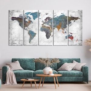 Weltkarte Leinwand Kunst, Push Pin Reisekarte, Weltkarte, große Leinwand in Orange, Blau und Brauntönen, Zuhause, Büro, Wohnzimmer Dekor, Geschenk