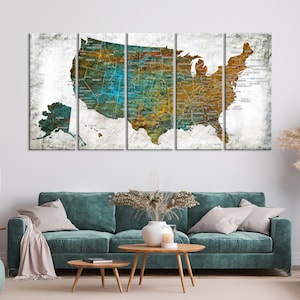 Große US Karte auf Leinwand, Braun und Türkis Push Pin Reisekarte, US Karte mit Hauptstädten und großen Städten, Wandkunst, Haus- und Bürodekor, Geschenk