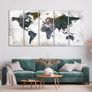 Große Landkarte, Weltkarte, Drucknadel, Reise Karte in Blau, Orange und Schwarz Tönen, Haus, Büro, Wohnzimmer, Geschenk