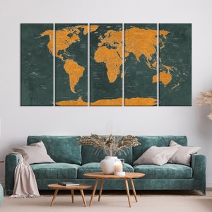 Große Weltkarte Leinwand Wandkunst Grün und Orange Weltkarte Push Pin Reisekarte Große Leinwand Karte Home Office Wohnzimmer Wand-Dekor Geschenk