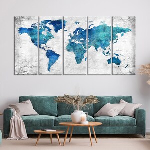 Weltkarte Leinwand Kunst, Push Pin Reisekarte, Weltkarte, große Leinwand Karte in Eisblau, Zuhause, Büro, Wohnzimmer Dekor, Geschenk