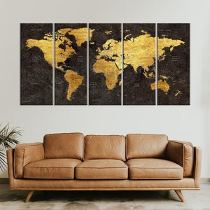 Large World Map on Canvas Push Pin Travel Map Black and Gold Textured World Map Large Canvas Adventure Map Home Office Living Room Decor