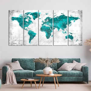 Große Leinwand Karte, Weltkarte Leinwand Kunst, Push Pin Reisekarte, Türkis Weltkarte, Weltkarte Wandkunst, Zuhause, Büro, Wohnzimmer Dekor, Geschenk