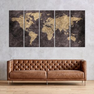 Carte de voyage Push Pin, Grande carte en toile, Carte du monde dans les tons marron et terre, Art sur toile de carte du monde, Maison, Bureau, Décor de salon, Cadeau