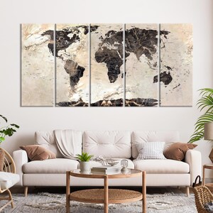 Große Weltkarte auf Leinwand mit Marmor Textur und braunem Hintergrund