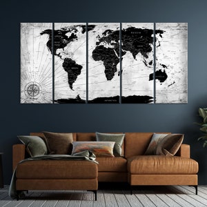 Schwarz und weiß Große Leinwand Weltkarte Leinwand Wand Kunst Weltkarte Push Pin Reise Karte Große Leinwand Karte Mehrteilige Karte Wohnkultur