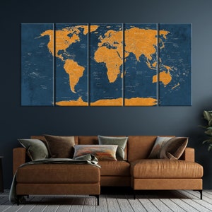 Große Weltkarte Leinwand Wandkunst Blau und Orange Weltkarte Push Pin Reisekarte Große Leinwand Karte Home Office Wohnzimmer Wand-Dekor Geschenk