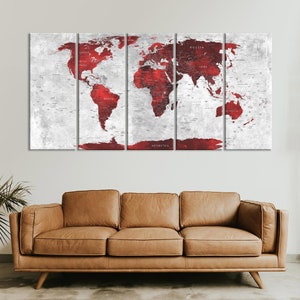 Weltkarte Wandkunst, Push Pin Reisekarte, Leinwand Weltkarte in Rottönen, große Leinwand Karte, Zuhause, Büro, Wohnzimmer Dekor, Geschenk