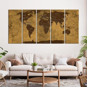 Große Leinwand Weltkarte Wandkunst Weltkarte Braun und Erdtöne Push Pin Reise Landkarte Große Leinwand Landkarte mehrteilige Landkarte Wohnkultur