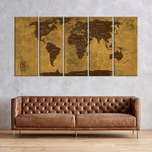 Große Leinwand Weltkarte Wandkunst Weltkarte braun Pinnwand Kunst Reisekarte große Leinwand Landkarte mehrteilige Landkarte Wohnkultur
