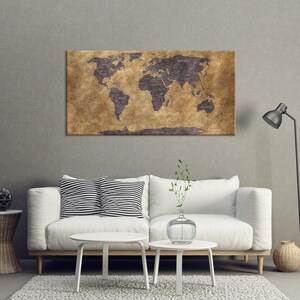 Grande carte du monde sur toile dans les tons de terre Toile murale Art Carte du monde Push Pin Carte de voyage Grande carte sur toile Carte multi-pièces Décoration de bureau à domicile