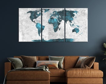 World Map Wall Art, Push Pin Travel Map, Canvas World Map in Turquoise Tones, Large Canvas Map, Home, Office, Living Room Decor, Gift