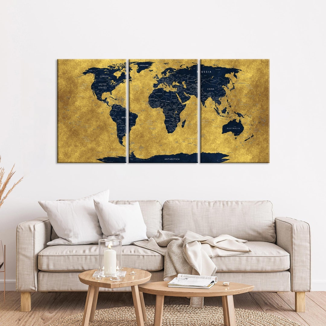 Large Canvas World Map in Yellow and Navy Blue Canvas Wall Art World
