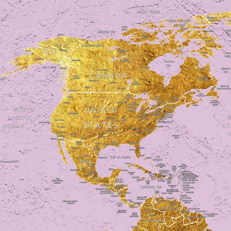 Large Canvas World Map in Pink With Gold Details Canvas Wall Etsy
